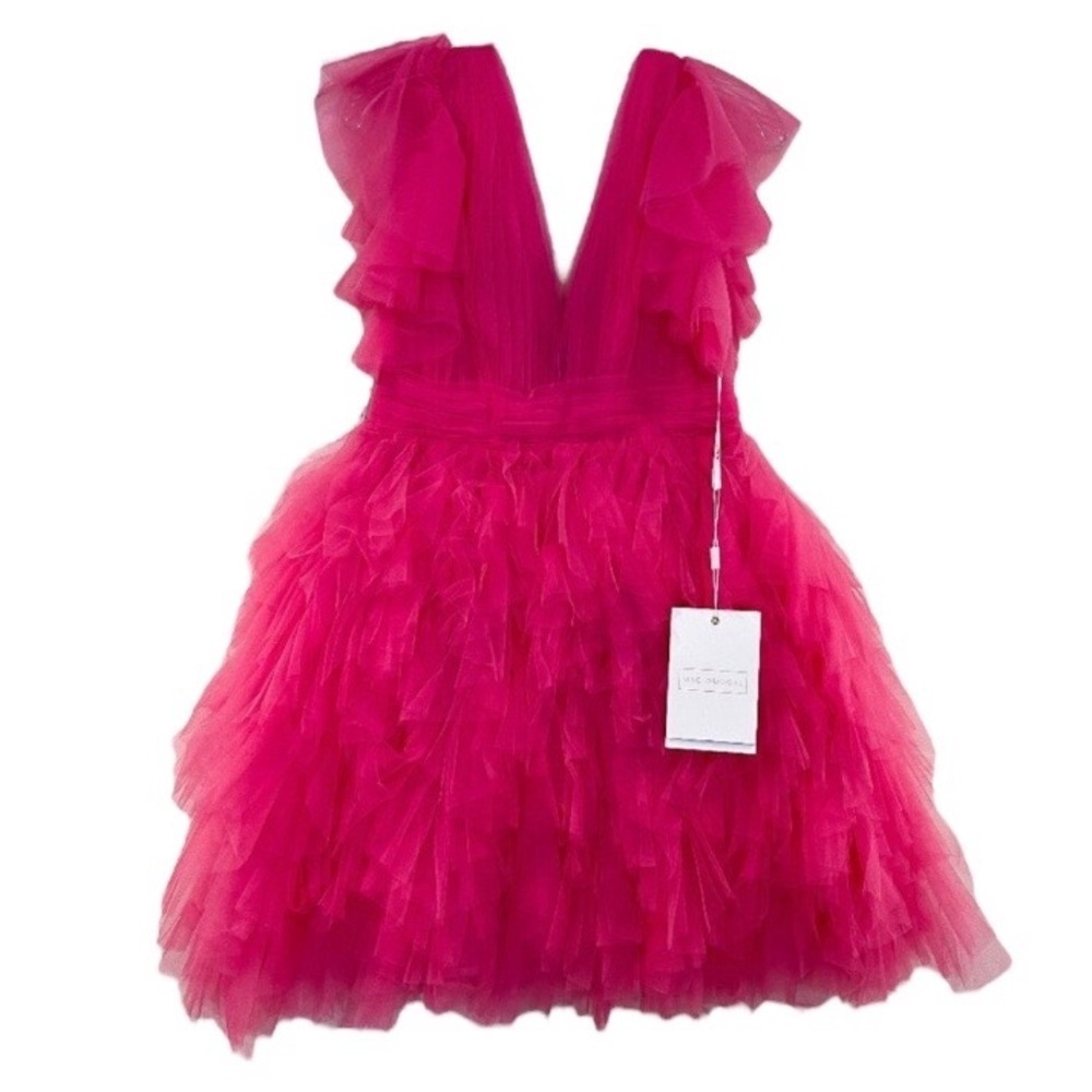 Mac Duggal Hot Pink Tulle V Neck Strapless Layered Preppy Mini Dress 6 NWT